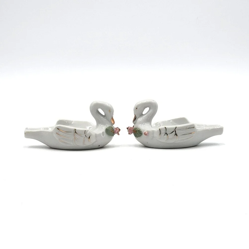White Porcelain Swan Trinket Dishes Pink Roses Gold Trim Vanity Decor Set of 2